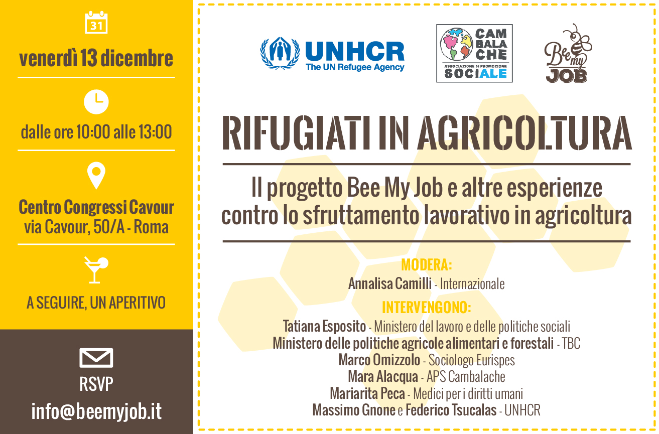 Rifugiati in agricoltura. Bee My Job e altre esperienze contro lo sfruttamento lavorativo – Roma 13 dicembre