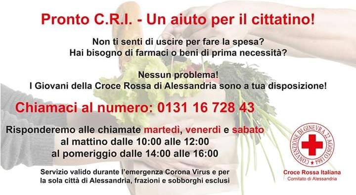 CORONAVIRUS – Servizi sul territorio – Croce Rossa di Alessandria in aiuto al cittadino